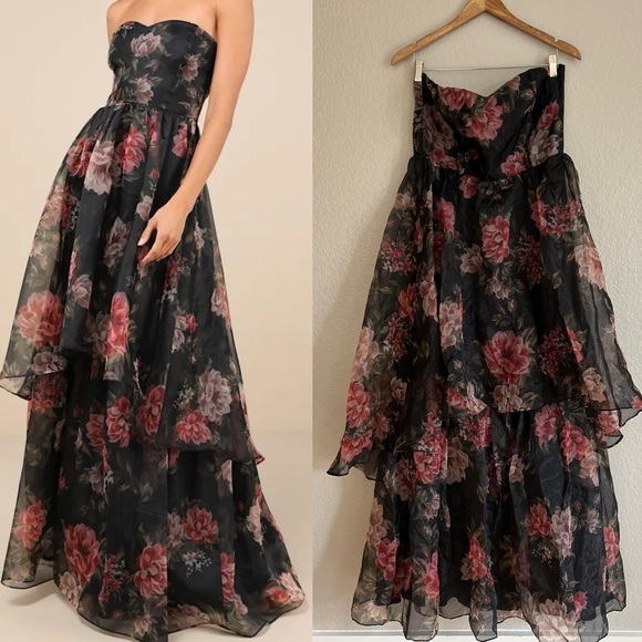 Lulu's Black and Pink Floral Layered Maxi Dress - Picture 1 of 9